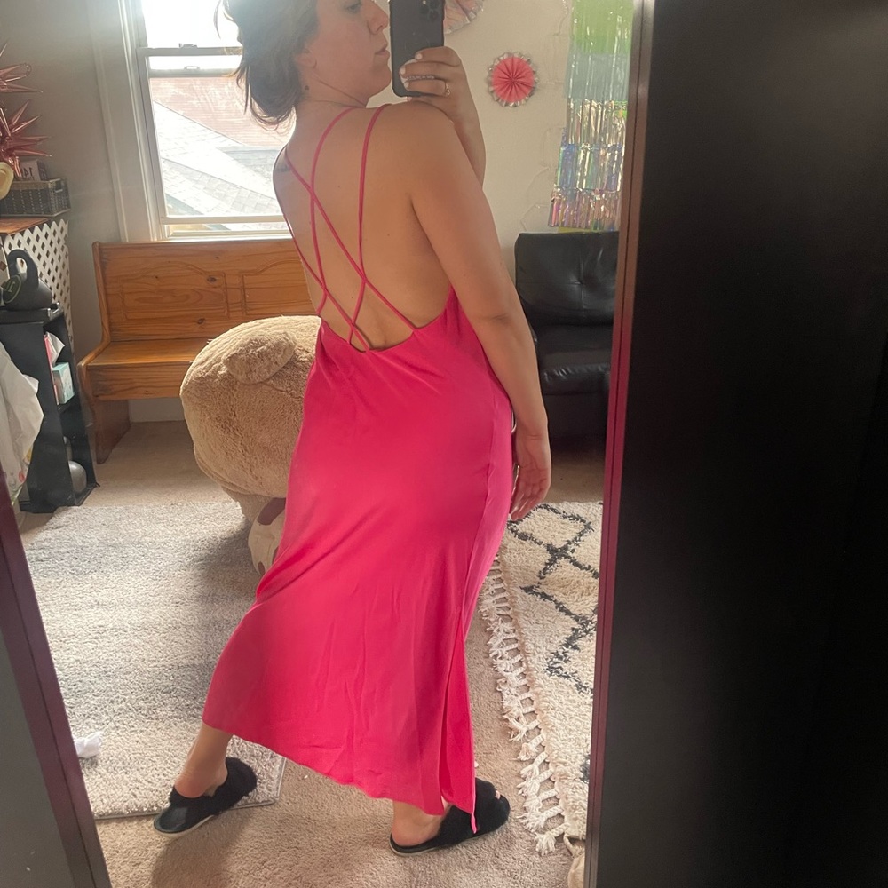 Pink satin wedding guest dress